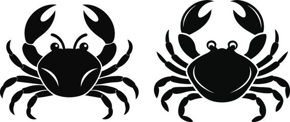 Black and white illustration of minimalist crab design with symmetrical crustacean silhouettes, bold outlines, vector-style marine icons – coastal graphic clipart 4K