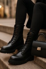 A stylish close-up of a pair of sleek black combat boots with thick soles, laced up tightly, sitting on a set of steps.