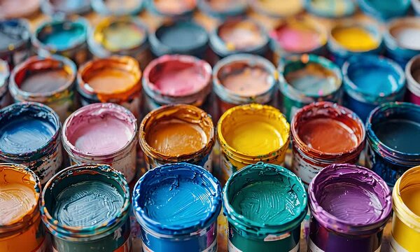 Vibrant Assortment of Colorful Paint Cans in Various Hues Featuring Artistic Pigments and Creative Texture on a Palette for Studio Arts and Craft
