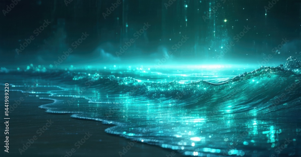 Poster glowing ocean waves crash, creating luminous spray. dark background emphasizes bright turquoise wate
