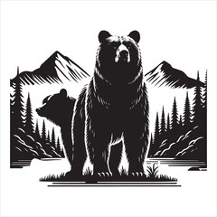 bear standing silhouette, vector, black color silhouette 
