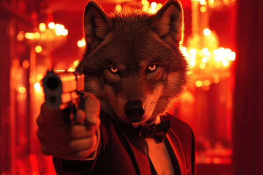 A wolf in a suit holding a gun.