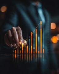 a person pointing on a digital bar chart