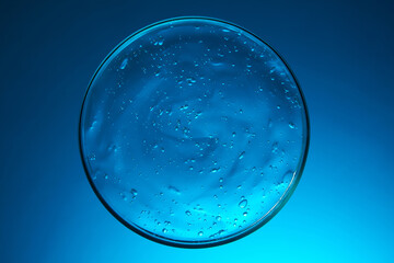 Round glass dish placed in the center on a blue background. The thick gel has visible molecular...