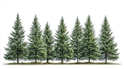 Seven tall evergreen trees isolated on white background fir row pine leaf group plant image asset