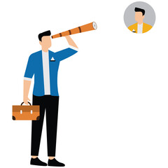 Find people to fill in job vacancy, businessman HR look through binoculars to find candidate people