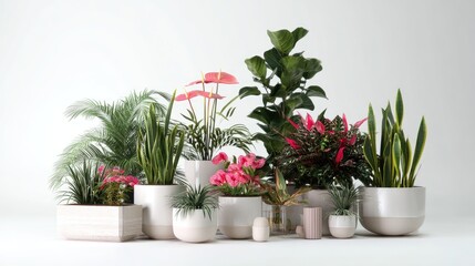 Fototapeta premium A collection of lush green plants, including a fiddle-leaf fig, snake plant