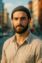 A close-up shot of a confident young man with a full beard, wearing a casual light-colored shirt and a beanie.