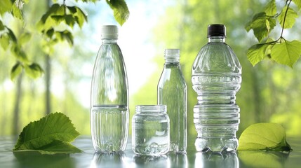 A collection of plastic water bottles of different sizes and shapes arranged on a table