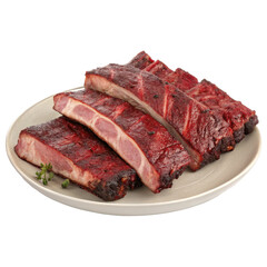Obraz premium Beautifully arranged beef ribs plated on a simple white background showcasing the tender juicy texture and savory flavors of the meat