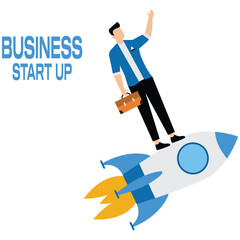 Business man with flying rocket, start of new project, vision, ambition and business goal