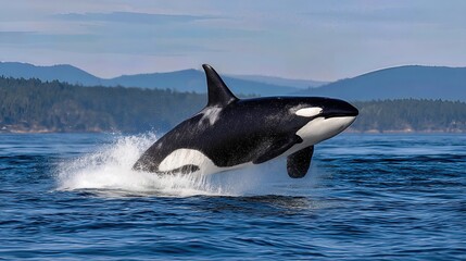 Fototapeta premium An orca bursts from the morning ocean, creating a stunning splash against the calm water.