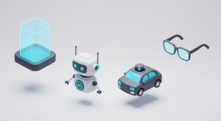 Isometric Future: Robot, Self-Driving Car, Hologram Display, and Smart Glasses on White.