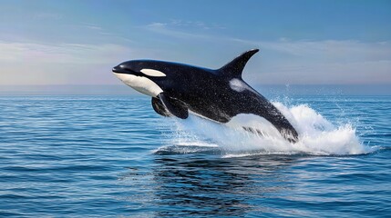 Fototapeta premium An orca bursts from the morning ocean, creating a stunning splash against the calm water.