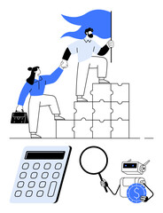 Teamwork climbs puzzle steps, waving flag of achievement a calculator, magnifying glass, and robot. Ideal for collaboration, leadership, problem-solving, technology finance automation growth. Flat
