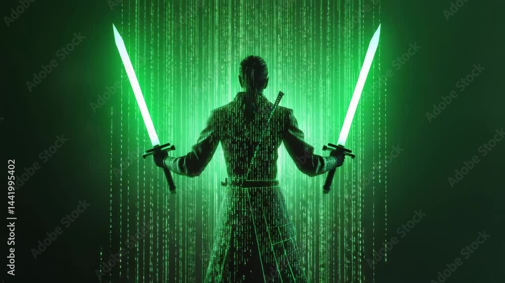 Poster mysterious figure in a green matrix with digital rain effect
