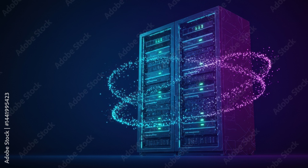 Aufkleber advanced data center server rack with neon glowing network connections futuristic technology illustr
