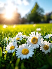 White daisies in a grassy field bathed in sunlight