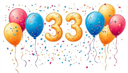 Golden Number 33 Balloons, Colorful Balloons And Confetti, Perfect For 33rd Birthday Celebrations