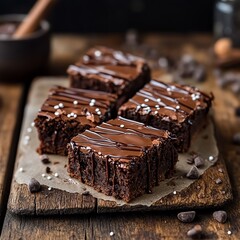 Chocolate brownies topped with drizzled chocolate and sprinkles on wooden board