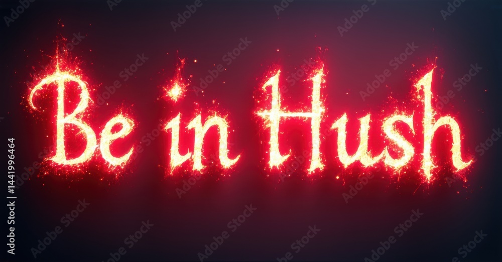 Fototapete Fiery text reads Be in Hush. Red background with sparkling particles creates dramatic effect. Bold typography dominates image.