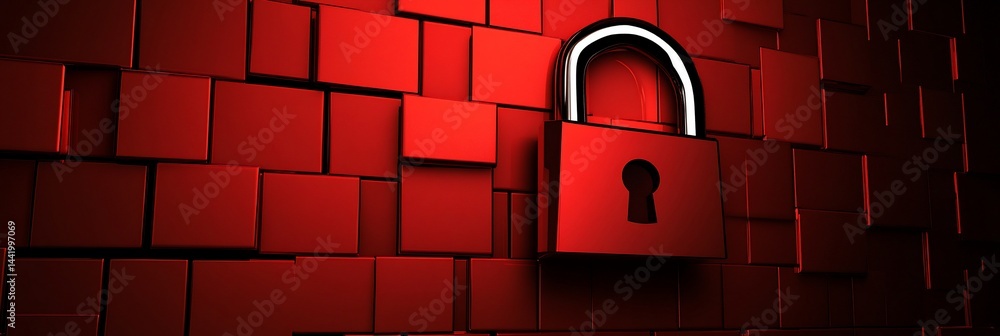 Poster red padlock on a red cube wall.