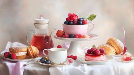 Watercolor illustration of British afternoon tea,tea break in the English style,tea set with Afternoon tea stand with macaroons and scone,cake,cup of tea,Tea time dessert table,vintage style.