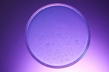Round glass dish containing cosmetic liquid prepared in the laboratory. The air bubbles inside the...