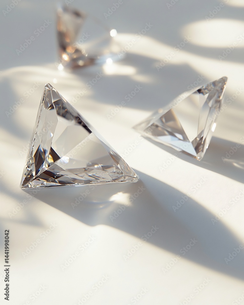 Aufkleber Three triangular diamonds sparkle on a white surface, illuminated by soft sunlight casting delicate shadows.