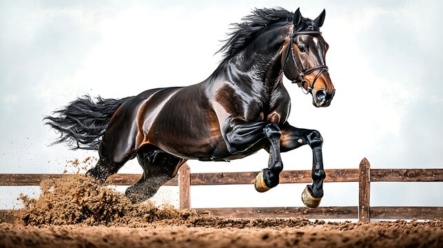 Powerful horse in motion, kicking up dirt