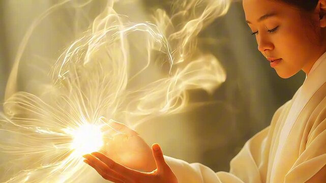 Woman cultivating golden energy ball in her hands