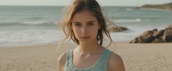 Little girl on the beach with waves
