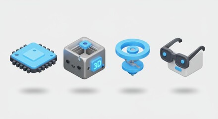Isometric Tech: Microchip, 3D Print, Spinning Top, and Smart Glasses on White.