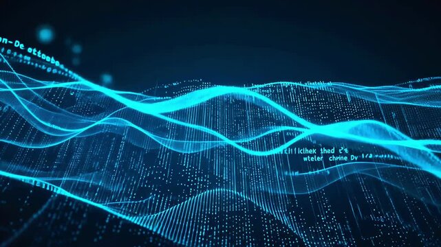 Light blue digital waveforms flow across a dark blue background, interspersed with programming code fragments