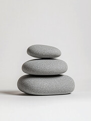 Three gray stones stacked on a white background.