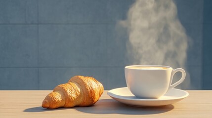 A quiet solo breakfast with coffee and croissant on wooden table, morning sun highlighting steam