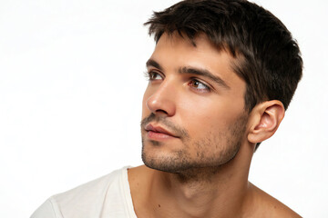 Obraz premium Young Man with Dark Hair Looking Thoughtfully Away Close-up portrait of a young man with short dark hair and light stubble, gazing off camera with a calm expression. 