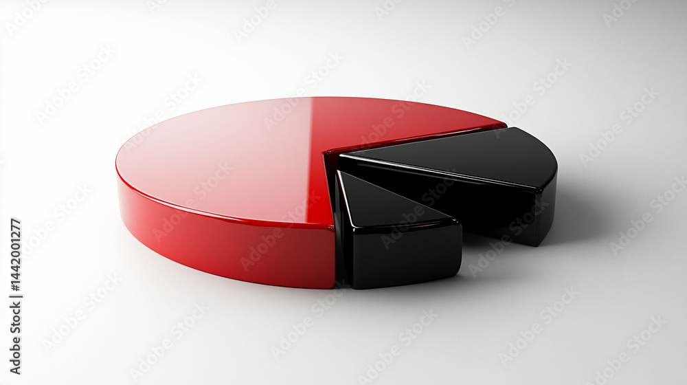 Poster 3d pie chart with red and black segments on white background.