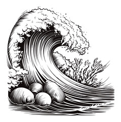 Detailed Black and White Engraving of Ocean Wave with Coral Scene