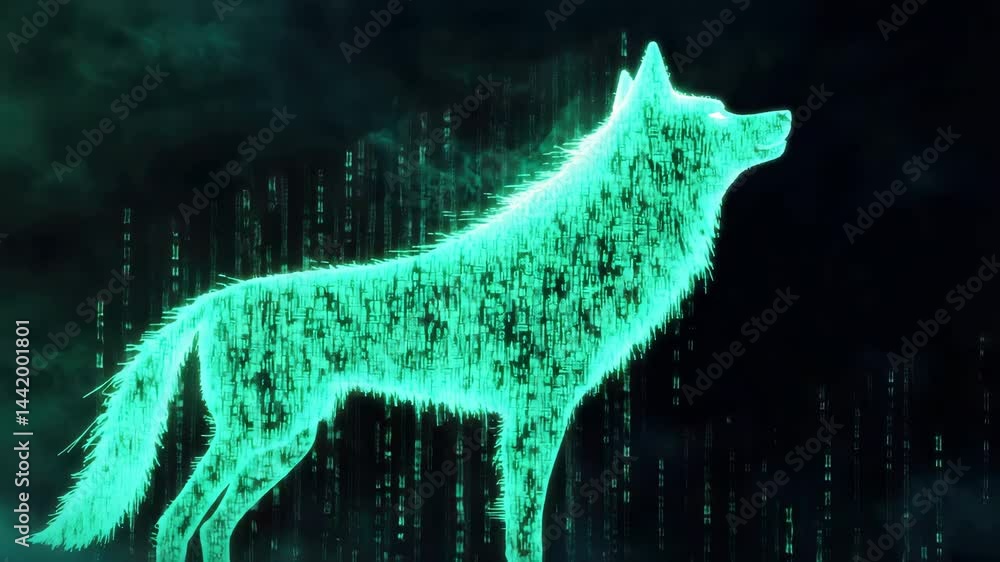 Poster digital wolf silhouette with neon binary code background effect