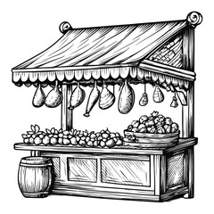 Fototapeta premium Vintage Engraving of a Fruit and Vegetable Market Stall