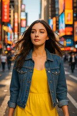 Fototapeta premium A young woman with long, flowing hair, wearing a bright yellow dress and a denim jacket, confidently walking through a bustling city street.