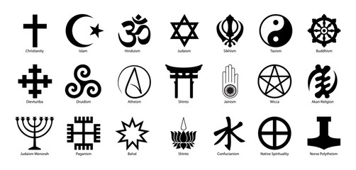 Religious Symbol Set. Christianity, Islam, Hinduism, Judaism, Buddhism, Atheism, Shinto, Jainism, Taoism, Paganism, Confucianism Etc Collection Vector Illustration