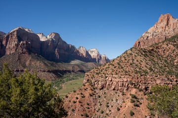 View of Zion National Park during May.  Colorful rocks. Utah, USA.	