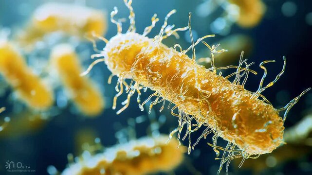 Bacteria cell with flagella, microscopic view of single celled yellow microorganism, detailed microbe with hair like structures blue background, scientific biology and pathogen study microscopic