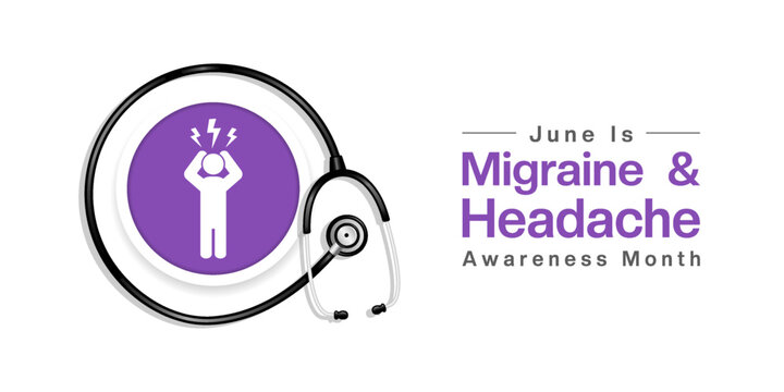 June Is National Migraine And Headache Awareness Month. People and stethoscope. Suitable for posters, banners, social media and more. White background.