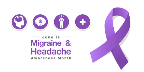 June Is National Migraine And Headache Awareness Month. Human, brain, people, plus icon and ribbon. Suitable for posters, banners, social media and more. White background.