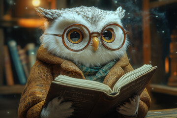 Owl wearing glasses reading a book.