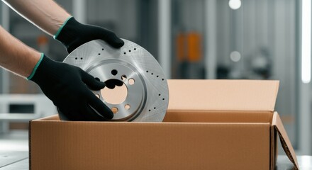 Person handling car brake disc in cardboard box with black gloves