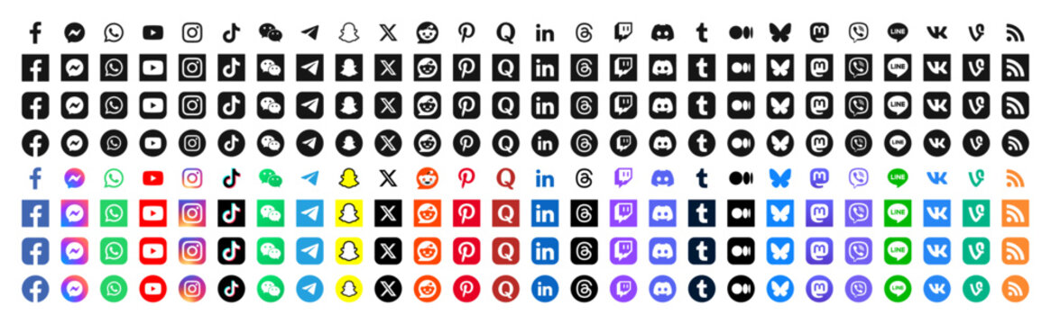 Set of social media icons. Social network vector design symbol elements. Facebook, Instagram, TikTok, Bluesky, Reddit, Telegram, and more.